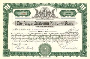 Anglo California National Bank of San Francisco - Stock Certificate